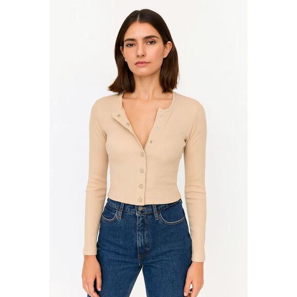 OUTDOOR VOICES Ribbed Button Front Crop Top Oatmeal Small - Picture 1 of 5